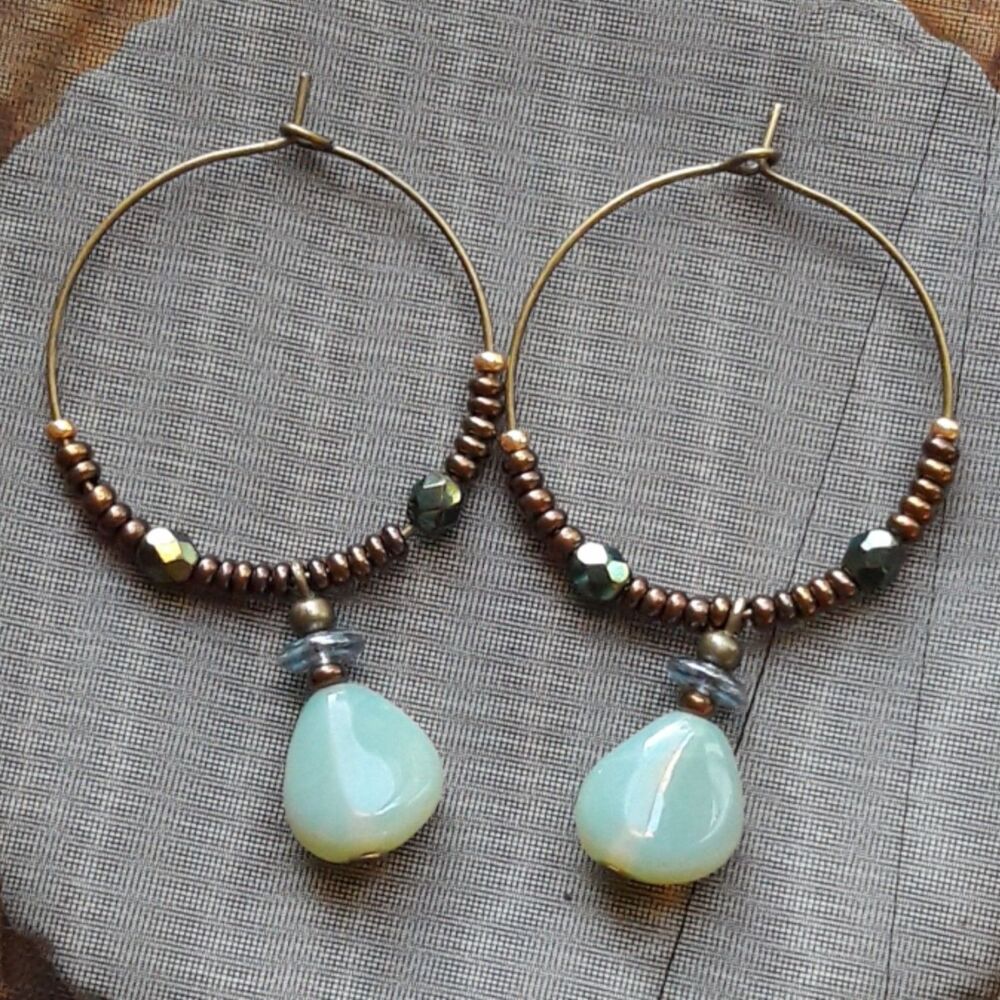 Green Glass Antique Bronze Hoops Hidden Meaning earrings Brooched , Glamor  494■